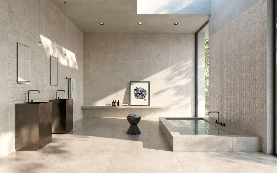 NEST-CONCRETE-EFFECT-TILE-SAND. Image shows sand concrete effect tile in sand