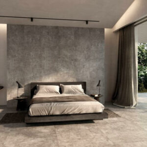 NEST-CONCRETE-EFFECT-TILE-TAUPE-1. Image shows taupe concrete effect tile in bedroom