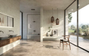 NEST-CONCRETE-EFFECT-TILE-TAUPE.Image shows taupe tiles in bathroom