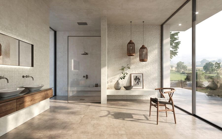 NEST-CONCRETE-EFFECT-TILE-TAUPE.Image shows taupe tiles in bathroom