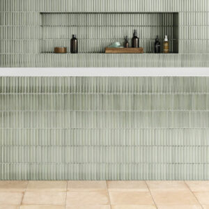 HUSH-CERAMIC-KIT-KAT-WALL-TILE-OLIVE-1. Image shows olive kit kat wall tile in bathroom around bath