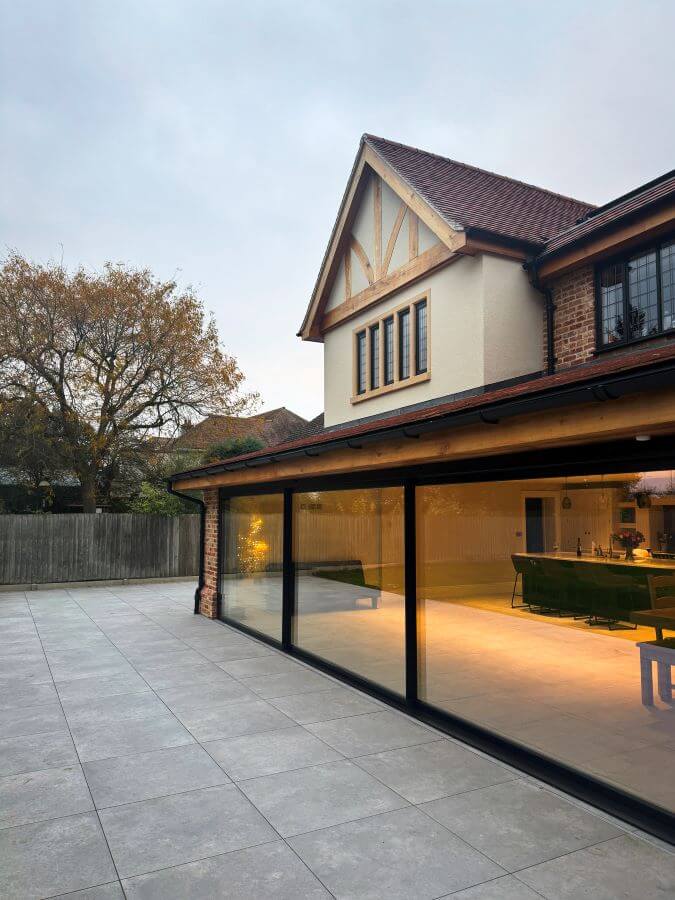ARTISAN-GREY-LARGE-FORMAT-EXTERNAL-PORCELAIN-TILE-1. Image shows grey porcelain tiles to patio