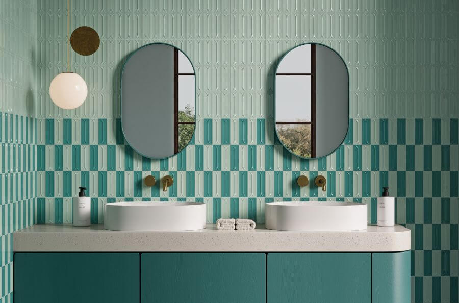 ARC-PORCELAIN-WALL-FEATURE-TILES-AQUA. Image shows porcelain wall feature tiles in aqua with an aqua vanity unit and mint tiles