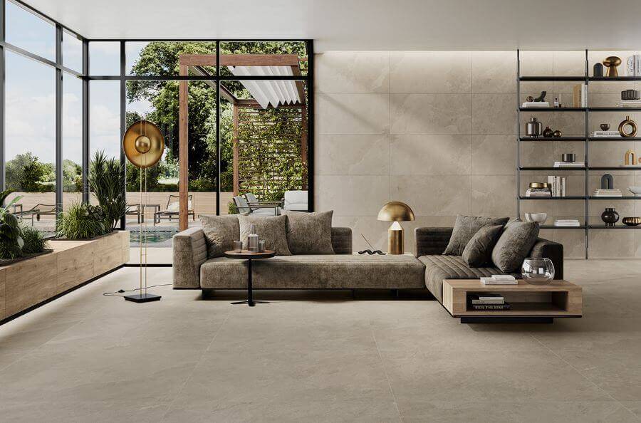 ASPECT-STONE-EFFECT-FLOORING-ASH. Image shows stone effect flooring in a light ash colour i an open plan lounge