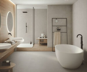DUNE-PORCELAIN-BEIGE-MARBLE-EFFECT-TILE-MATT-4. Image shows cream and beige marble effect tile in a bathroom