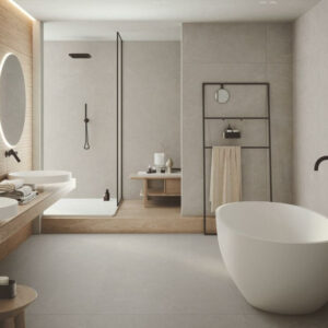 DUNE-PORCELAIN-BEIGE-MARBLE-EFFECT-TILE-MATT-4. Image shows cream and beige marble effect tile in a bathroom