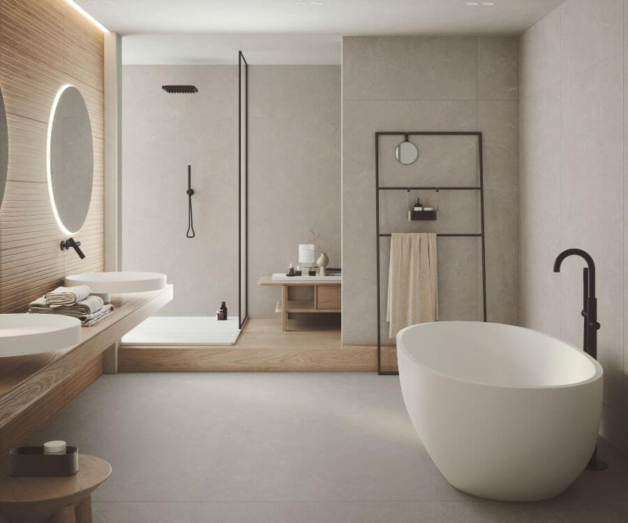 DUNE-PORCELAIN-BEIGE-MARBLE-EFFECT-TILE-MATT-4. Image shows cream and beige marble effect tile in a bathroom