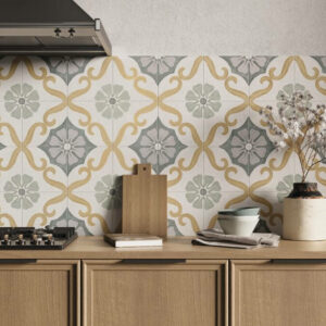 FLORAL-PORCELAIN-COLOURED-TILES-SKY. Image shows floral porcelain coloured tiles in a kitchen with flower pattern in yellow and aqua