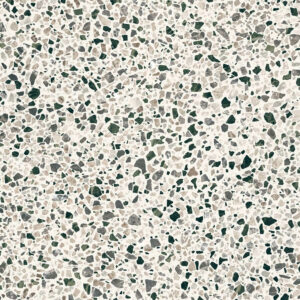 MISTO-PORCELAIN-TERRAZZO-EFFECT-TILES-SWATCH-FRESCO-1. Image shows swatch of terrazzo effect tiles with white background and grey and blue chips