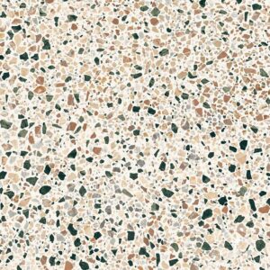 MISTO-PORCELAIN-TERRAZZO-EFFECT-TILES-SWATCH-MULTI-1. Image shows swatch of terrazzo effect tiles with white background and multi colour chips