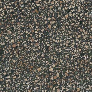 MISTO-PORCELAIN-TERRAZZO-EFFECT-TILES-SWATCH-NOTTE-1. Image shows swatch of terrazzo effect tiles with black background and multi colour chips