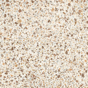 MISTO-PORCELAIN-TERRAZZO-EFFECT-TILES-SWATCH-SABBIA. Image shows swatch of terrazzo effect tiles in warm sand colour chips against a white background