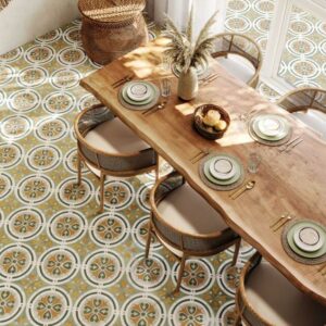 Posy porcelain colourful tiles in dining room with plates.