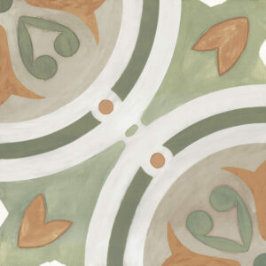 POSY-PORCELAIN-COLOURFUL-TILES-AMBER-SWATCH. Image shows swatch of a colourful tile with amber and green tones