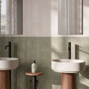 Moss green small stone porcelain tiles used on a wall, 223 x 223 mm