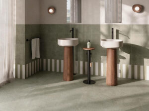 Nature Spark Moss porcelain tiles shown as a top tile trend for 2026.