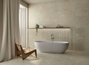 Spa-style bathroom with Sandy Beige Cherish porcelain wall and floor tiles, featuring a non-porous stone-look finish.