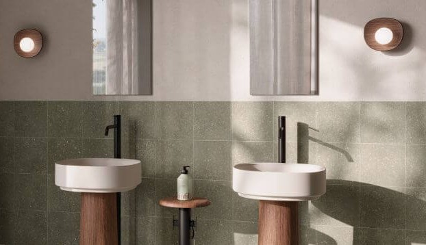 Spa-style small bathroom featuring Spark moss green porcelain tiles, creating a calming and organic interior aesthetic.