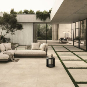 High-performance Taupe stone-effect porcelain paving slabs for outdoor patios and terraces, showcasing a weather-resistant matte finish.