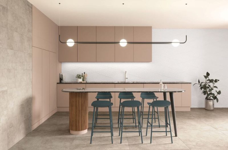 BEAT-BEIGE-CEMENT-LOOK-PORCELAIN-TILE-KITCHEN. Image shows beige cement look porcelain tile in a kitchen